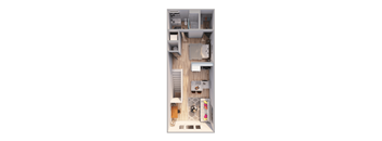 A top-down view of a small, neatly organized apartment with a kitchen, living room, and bathroom.