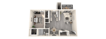 A 3D rendered image of a modern apartment layout.