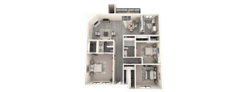A top-down view of a house layout with multiple rooms and furniture.