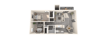 A 3D floor plan of a house showing a living room, kitchen, and two bedrooms.