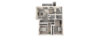 A 3D floor plan of a house showing a living room, kitchen, dining area, and bedrooms.