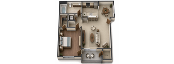 A 3D floor plan of a house with labeled rooms.