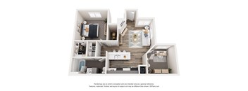 A 3D rendering of a modern apartment layout.