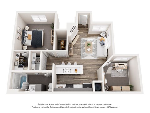 A 3D rendering of a modern apartment layout.