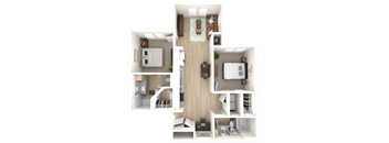 a 3d rendering of a floor plan with bedrooms and a living room