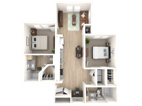 a 3d rendering of a floor plan with bedrooms and a living room