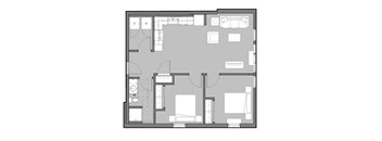 A floor plan of a house with a kitchen, living room, and bathroom.