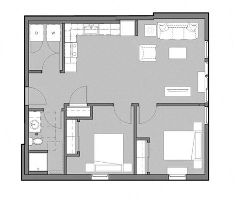 A floor plan of a house with a kitchen, living room, and bathroom.