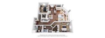 A 3D floor plan of a house with a kitchen, living room, and bathroom.
