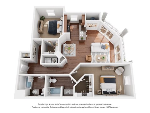 A 3D floor plan of a house with a kitchen, living room, and bathroom.