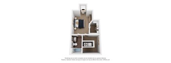 A 3D floor plan of a small apartment with a kitchen, living room, and two bedrooms.