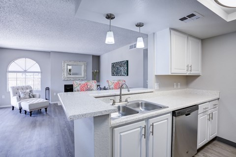 A kitchen with a white counter top and a stainless steel dishwasher.