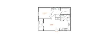 A floor plan of a small apartment with a bedroom, living room, and balcony.