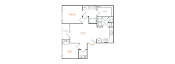 A floor plan of a living space with a bedroom, office, and closet.