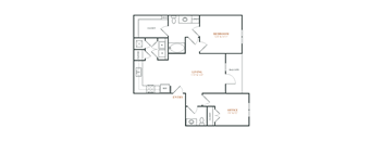A floor plan of a home with a bedroom, living room, office, and entry.