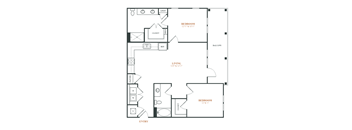 A floor plan of a home with two bedrooms, a living room, a balcony, and an entry.