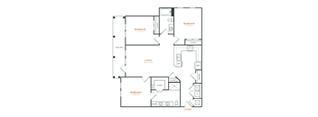 A floor plan of a home with two bedrooms, a living area, a pantry, and an entry.