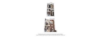 A floor plan of a two-story residential building with a living room, kitchen, and bedrooms.