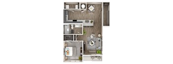 A floor plan of a small apartment with a kitchen, living room, and bathroom.