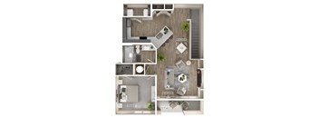 A floor plan of a house with a kitchen, living room, dining room, and bathroom.