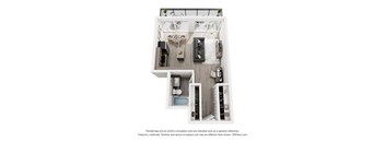 A 3D floor plan of a small apartment with a kitchen, living room, and bathroom.