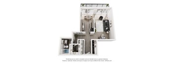 A 3D floor plan of a house with a kitchen, living room, and bathroom.
