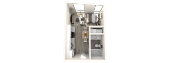 A 3D rendered image of a small, modern bathroom.