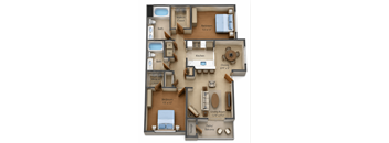 A 3D floor plan of a house showing a living room, kitchen, dining room, and three bedrooms.