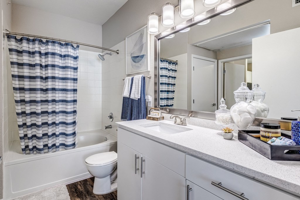 a bathroom with a sink and a shower and a toilet