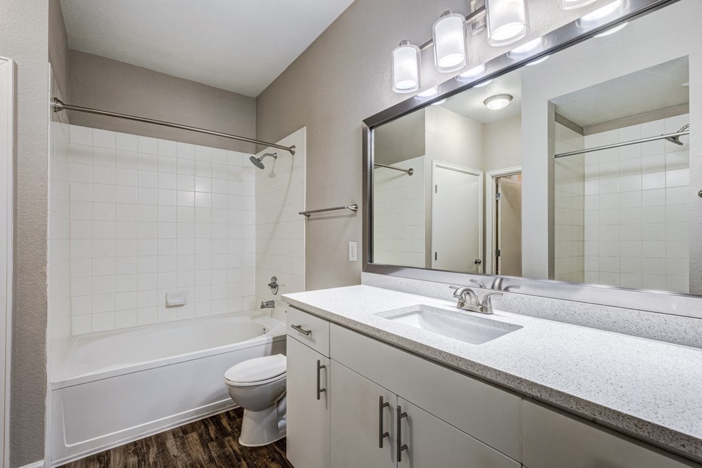a bathroom with a sink and a shower and a toilet