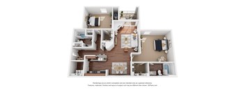A 3D floor plan of a house with multiple rooms and furniture.