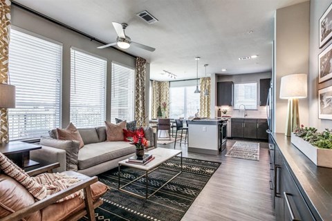 a living room with a couch and a table