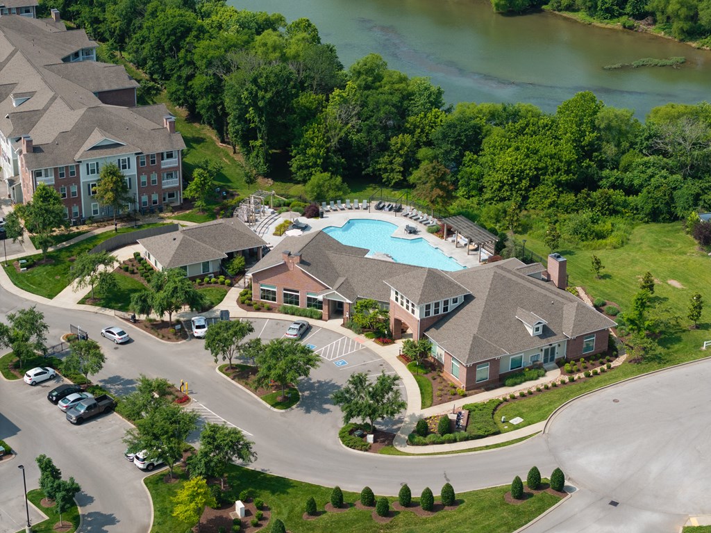 Aerial view of apartment community with a river view