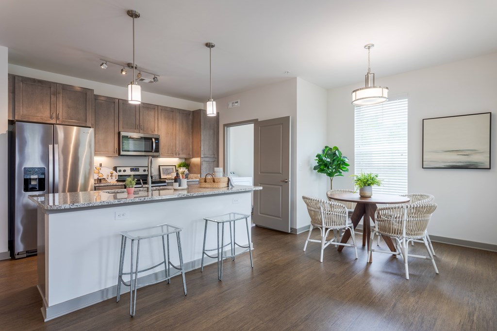 Kitchen with island and dining room