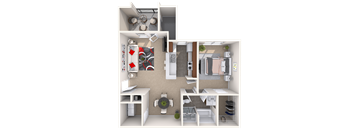 A 3D floor plan of a small apartment with a kitchen, living room, and bathroom.