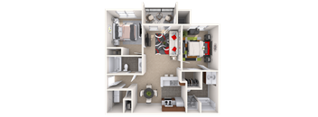 A 3D floor plan of a small apartment with a kitchen, living room, and bedroom.