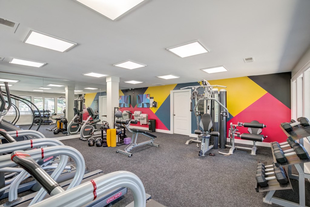 a gym with weights and cardio equipment and a colorful wall