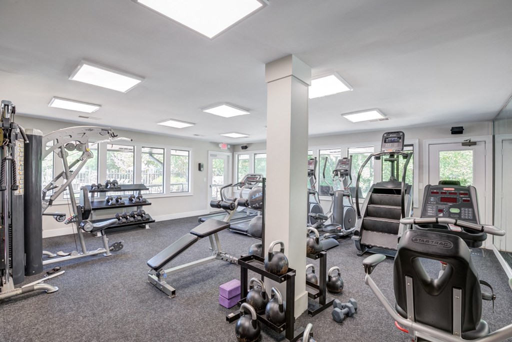 a gym with cardio machines and weights