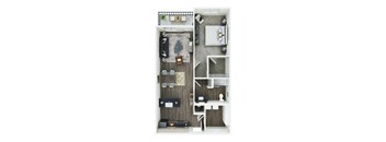 A top down view of a small apartment with a kitchen, living room, and bedroom.