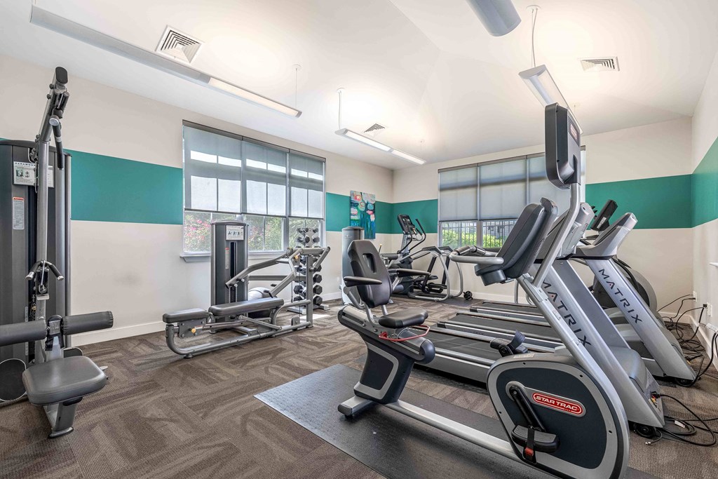 a gym with cardio equipment and windows
