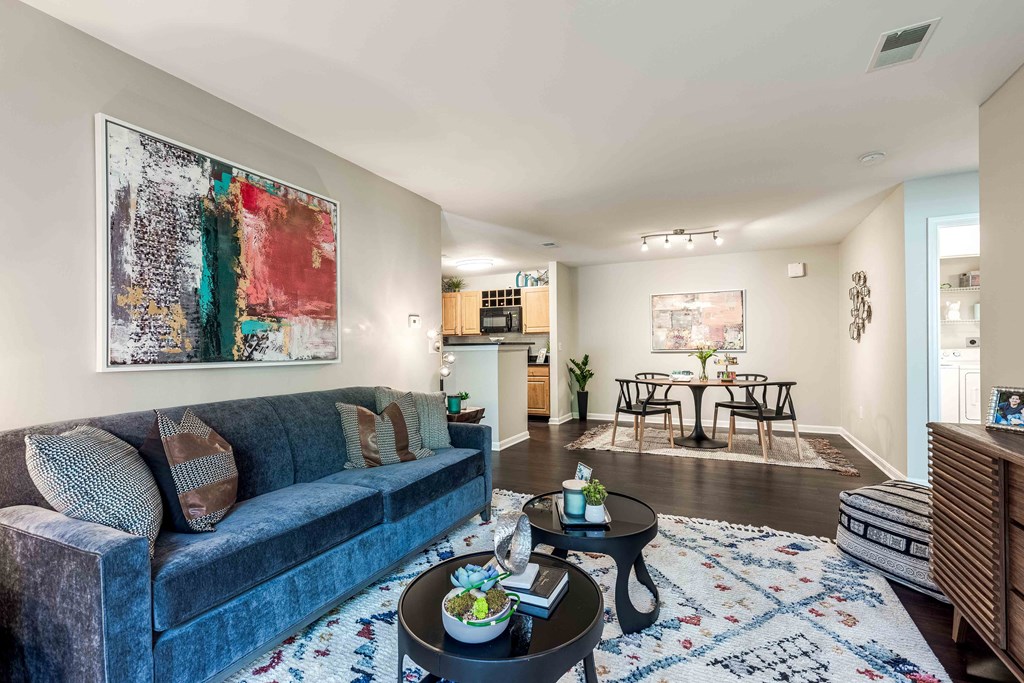 a living room with a couch and a table