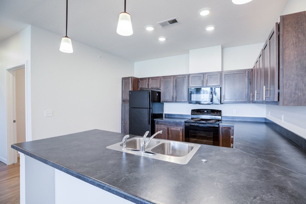 A kitchen with a black refrigerator and stove top oven.