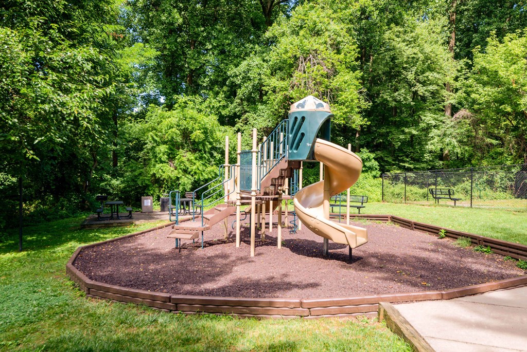a playground with a slide in a park