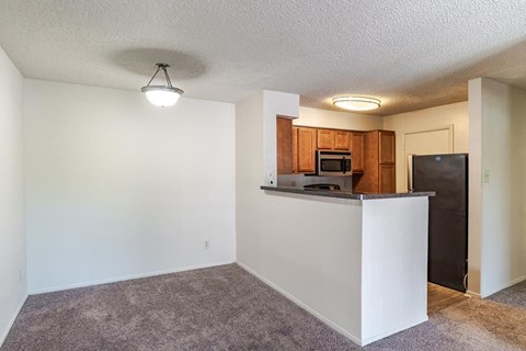 a kitchen with a counter top and a black refrigerator