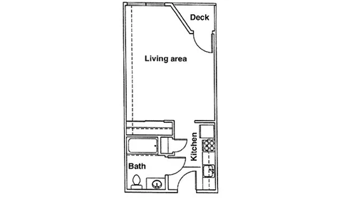 A floor plan of a small apartment with a deck, living area, kitchen, and bath.