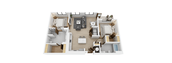 A 3D floor plan of a house with a kitchen, living room, and bathroom.