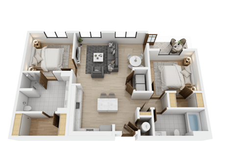 A 3D floor plan of a house with a kitchen, living room, and bathroom.