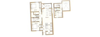 A floor plan of a house with three bedrooms, a living room, a kitchen, a bath, and a laundry area.