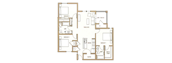 A floor plan of a house with three bedrooms, a living room, a kitchen, a bath, a laundry area, and a walk-in closet.