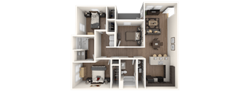A 3D rendered image of a 3-bedroom apartment layout.